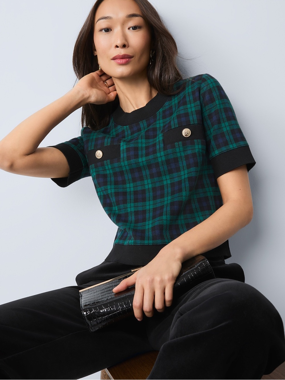 Ann Taylor Plaid Short-Sleeve Trim Top with Gold Buttons Size XSP